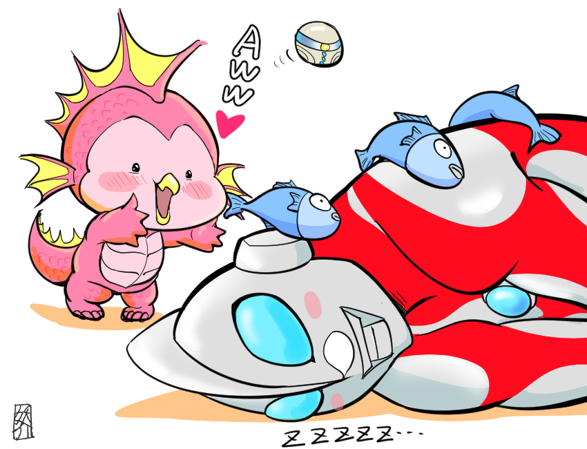 1boy, 1girl, alien, artificial_intelligence, blush, bodysuit, color_timer, commentary_request, compound_eyes, emi_(ultraman:_rising), fins, fish, head_fins, heart, kaiju, legs_apart, mina_(ultraman:_rising), nose_bubble, open_mouth, simple_background, sleeping, standing, ultra_series, ultraman, ultraman:_rising, ultraman_(1st_series), ultraman_(ultraman:_rising), white_background, yousuke_(guruguru_medaman), zzz