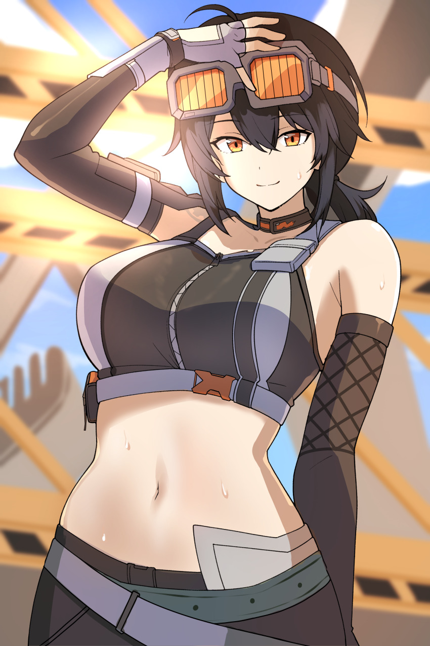1girl, a_unir, absurdres, arm_up, bare_shoulders, black_choker, black_hair, breasts, choker, crop_top, elbow_gloves, gloves, goggles, goggles_on_head, grace_howard, highres, large_breasts, looking_at_viewer, medium_hair, midriff, navel, orange_eyes, smile, solo, sports_bra, stomach, upper_body, zenless_zone_zero