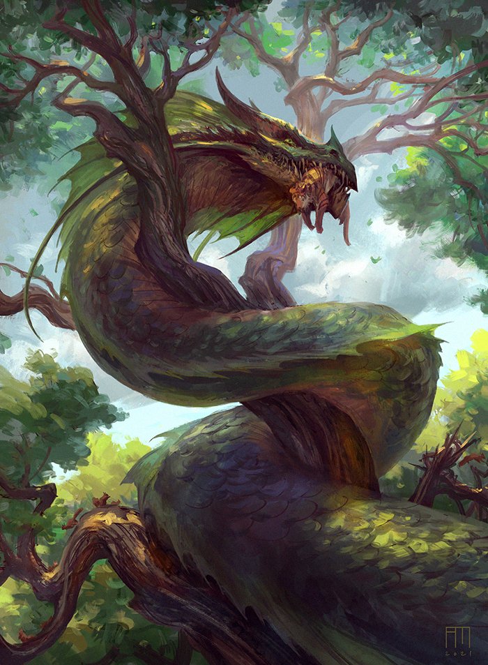 andrewkmar, animal, animal_focus, blue_sky, cloud, cloudy_sky, day, green_eyes, horns, hunting, in_tree, leaf, magic:_the_gathering, monster, mouth_hold, no_humans, official_art, outdoors, predator_and_prey, profile, scales, sharp_teeth, signature, sky, teeth, tiger, tree, wurm_(magic:_the_gathering)