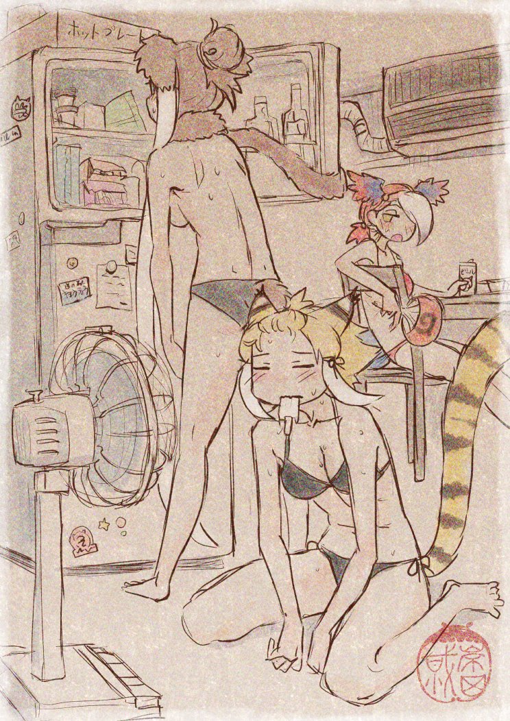 3girls, afterimage, alternate_hairstyle, animal_ears, artist_logo, back, barefoot, bird_girl