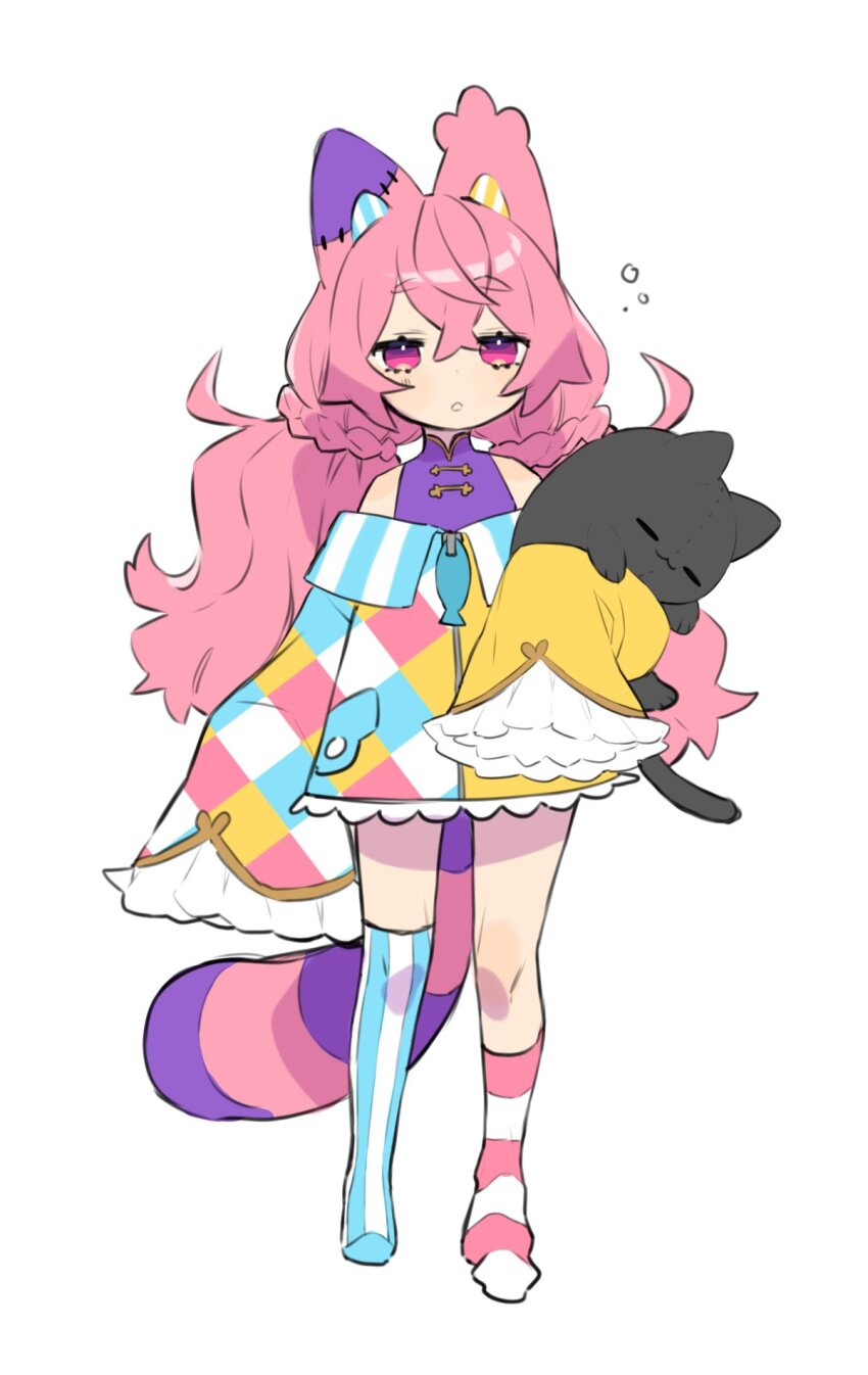 1girl, animal, animal_ears, ankle_socks, arm_at_side, asymmetrical_legwear, cardigan, carrying