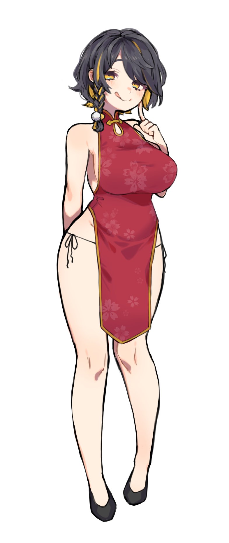 1girl, :q, above-cleavage_cutout, arm_at_side, black_footwear, black_hair, black_ribbon, braid, braided_sidelock, breasts, china_dress, chinese_clothes, clothing_cutout, dot_nose, dress, eyebrows_hidden_by_hair, finger_to_cheek, flats, floral_print, floral_print_dress, full_body, hair_ornament, half-closed_eyes, hand_up, highres, large_breasts, leg_ribbon, light_blush, light_smile, looking_at_viewer, mandarin_collar, medium_hair, monsha_moa, multicolored_hair, orange_hair, original, panties, pigeon-toed, pom_pom_(clothes), pom_pom_hair_ornament, print_dress, raised_eyebrows, red_dress, ribbon, short_hair_with_long_locks, side_slit, sideboob, simple_background, single_sidelock, solo, split_mouth, standing, streaked_hair, string_panties, swept_bangs, thigh_ribbon, thighs, tongue, tongue_out, two-tone_hair, underwear, white_background, yellow_eyes, yellow_trim