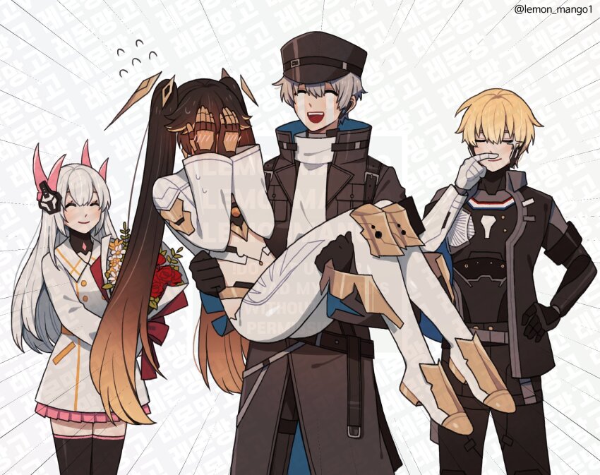 2boys, 2girls, black_bodysuit, black_gloves, black_hair, black_jacket, black_pants, black_thighhighs