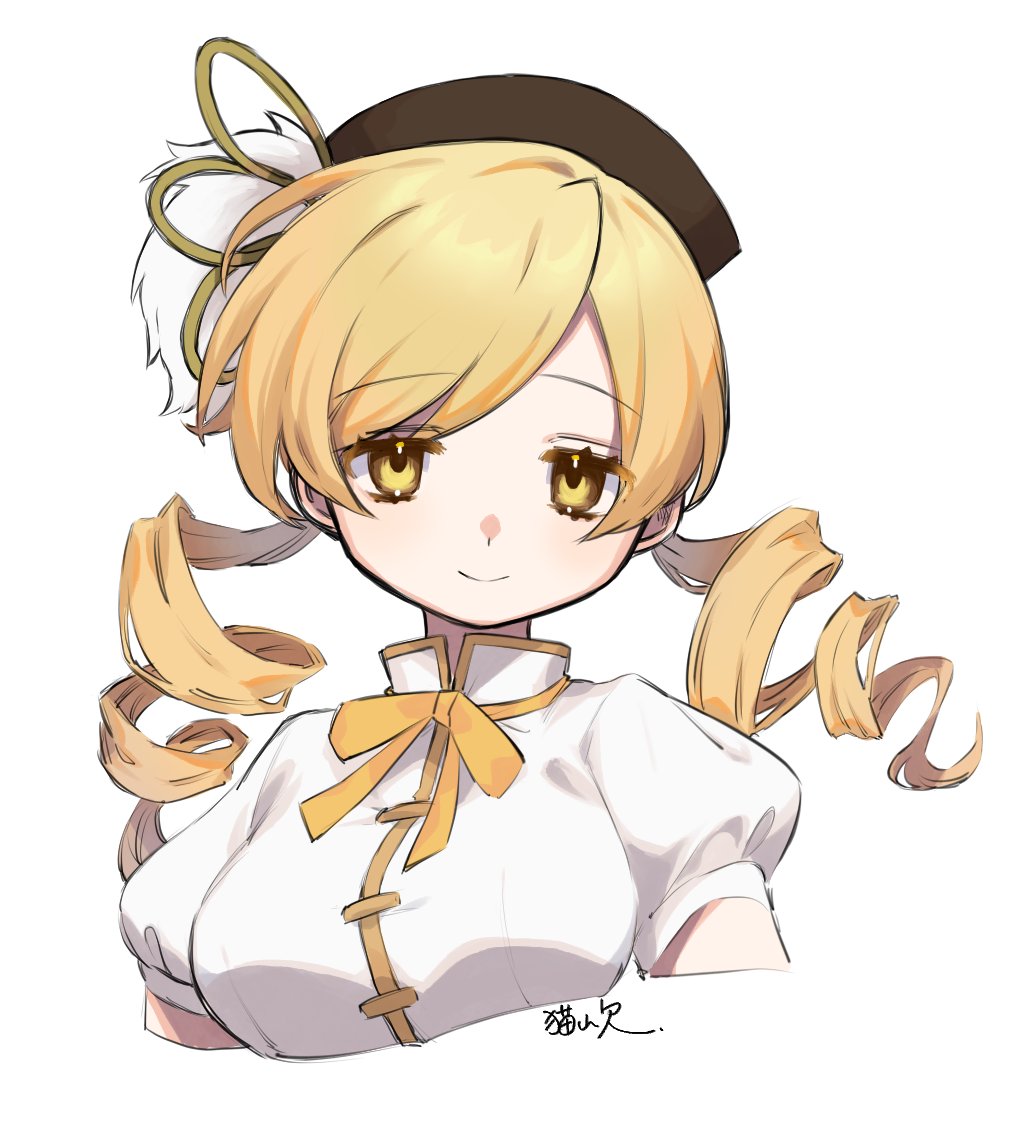 1girl, black_hat, blonde_hair, breasts, commentary, cropped_arms, cropped_torso, drill_hair