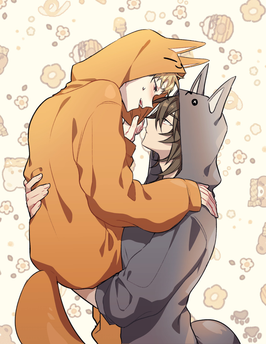 2boys, animal_ears, animal_hood, atou_haruki, blonde_hair, blush, brown_eyes, brown_hair, carrying, carrying_person, closed_mouth, commentary_request, cosplay, fake_animal_ears, fake_tail, hand_on_another's_back, hand_on_another's_shoulder, highres, hood, hood_up, inseki, isoi_reiji, kigurumi, korean_commentary, long_sleeves, male_focus, medium_hair, mometsu_033, multiple_boys, open_mouth, saibou_shinkyoku, smile, sweat, tail, yaoi