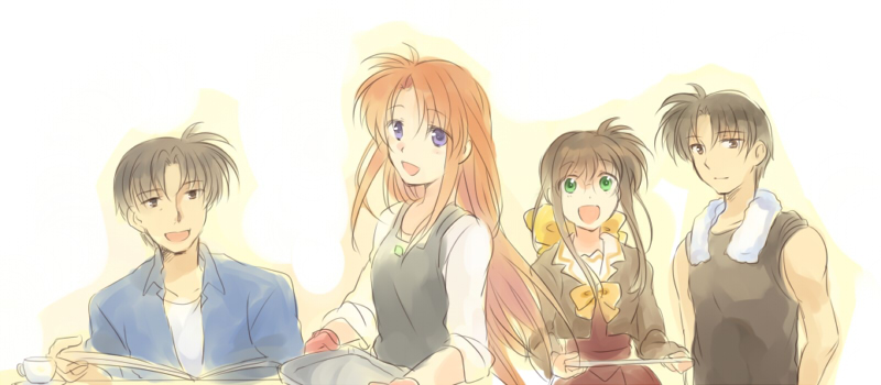 00s, 2boys, 2girls, blue_eyes, bow, bowtie, brown_eyes, brown_hair