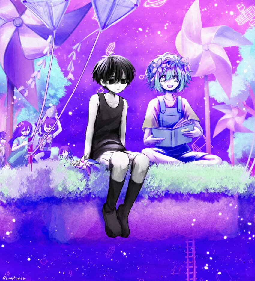 2girls, 4boys, absurdres, aubrey_(headspace)_(omori), aubrey_(omori), basil_(headspace)_(omori), basil_(omori), black_eyes