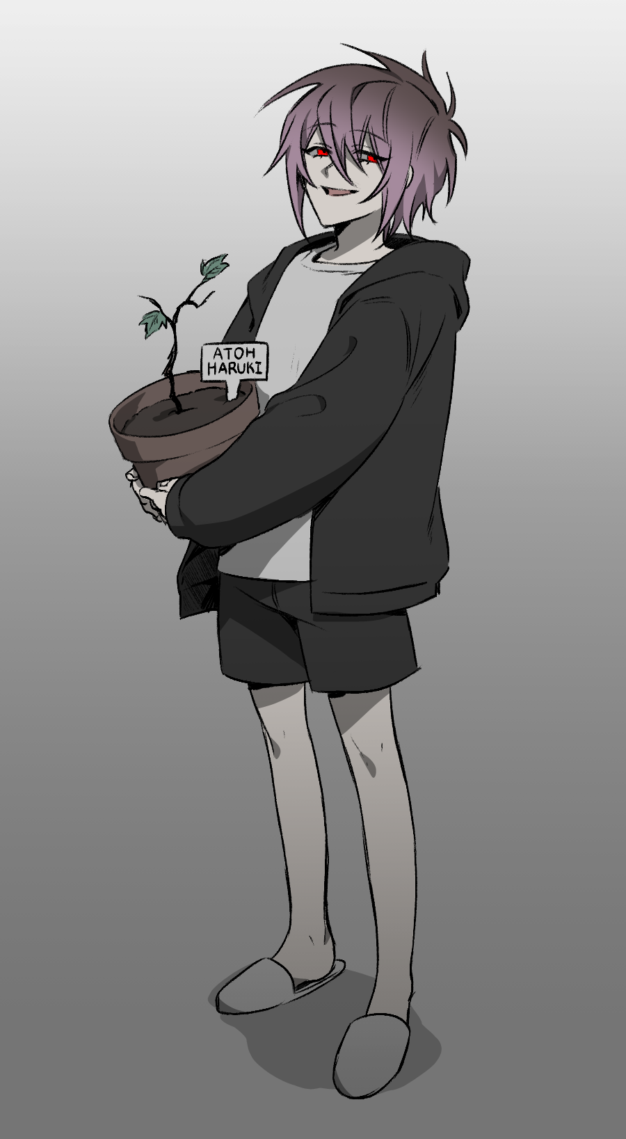 1boy, black_jacket, black_shorts, commentary_request, flower_pot, full_body, gradient_background, grey_background