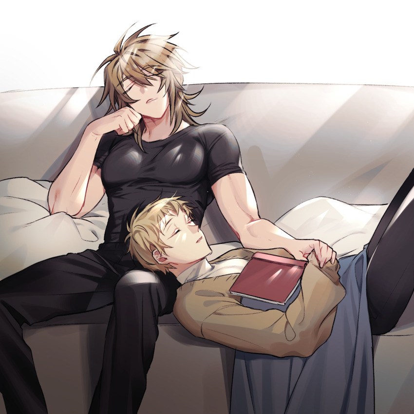 2boys, atou_haruki, black_pants, black_shirt, blanket, blonde_hair, book, brown_cardigan