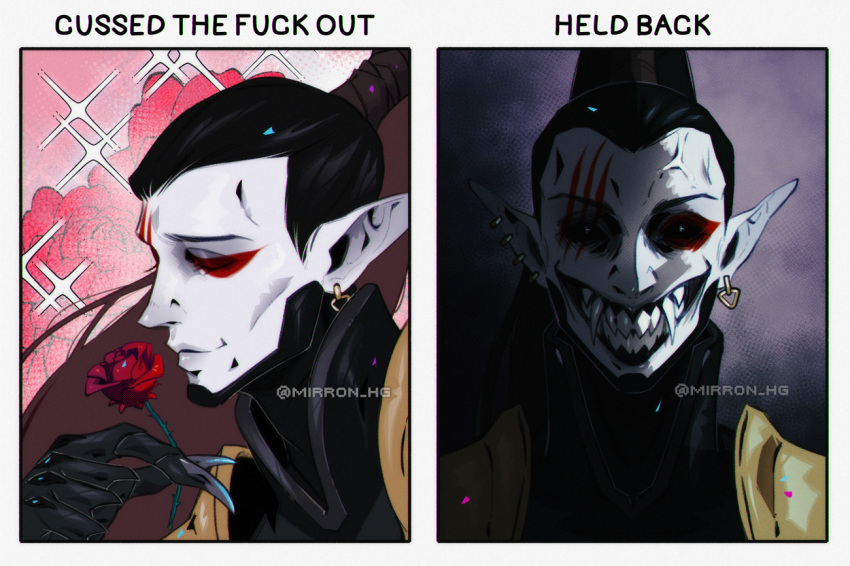 anger_vein, black_bodysuit, black_hair, bodysuit, claws, clenched_teeth, dark_eldar, earrings, english_text, fangs, flower, holding, holding_flower, jewelry, long_hair, mirron_hg, pale_skin, pointy_ears, ponytail, red_flower, red_rose, rose, sharp_teeth, teeth, triangle_earrings, twitter_username, warhammer_40k