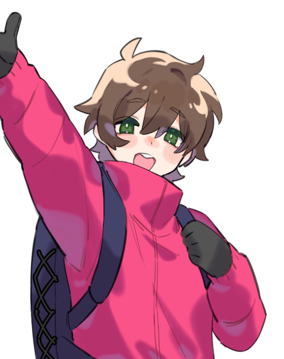 1other, :d, ahoge, androgynous, arm_up, backpack, bag, black_bag