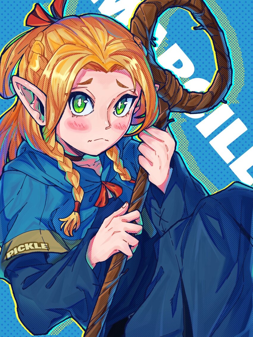 1girl, artist_name, ben-day_dots, blonde_hair, blue_background, blue_cloak, blue_hoodie, cloak, closed_mouth, commentary, dungeon_meshi, english_commentary, english_text, green_eyes, highres, holding, holding_staff, holding_weapon, hood, hoodie, light_blush, looking_at_viewer, marcille_donato, pickledtaro, pointy_ears, screentones, simple_background, solo, solo_focus, staff, weapon