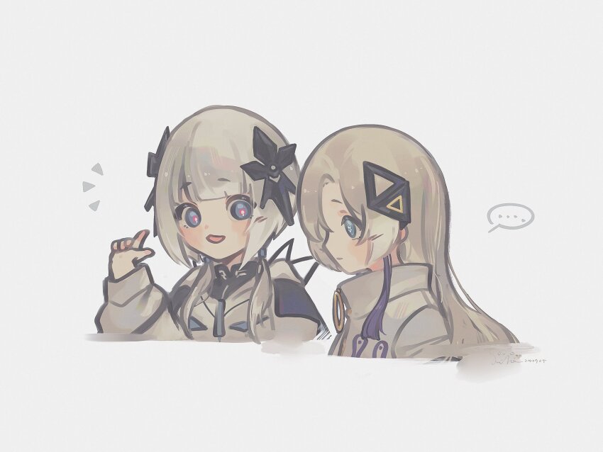 ..., 2girls, blue_eyes, blunt_bangs, borrowed_clothes, bright_pupils, cevio, coat