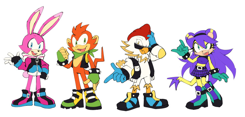 1girl, 3boys, animal_ears, beak, belt, bird, blue_eyes, boots