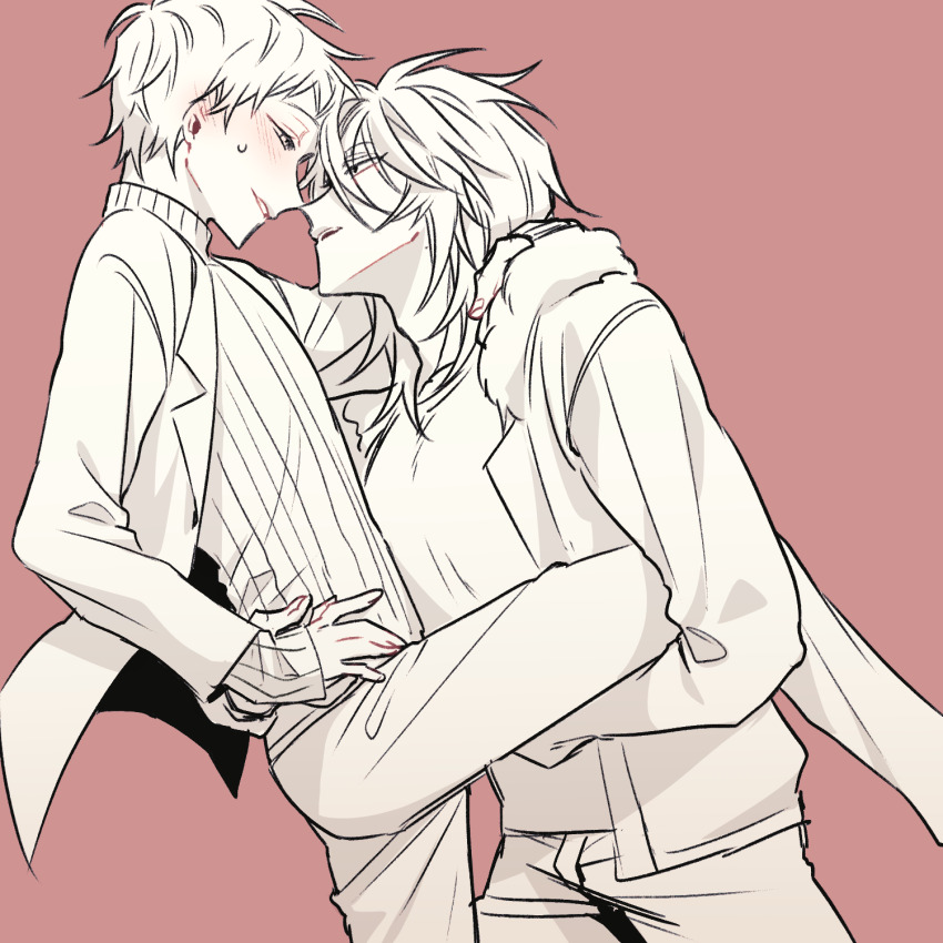 2boys, atou_haruki, blonde_hair, blush, commentary_request, fur-trimmed_jacket, fur_trim, greyscale_with_colored_background