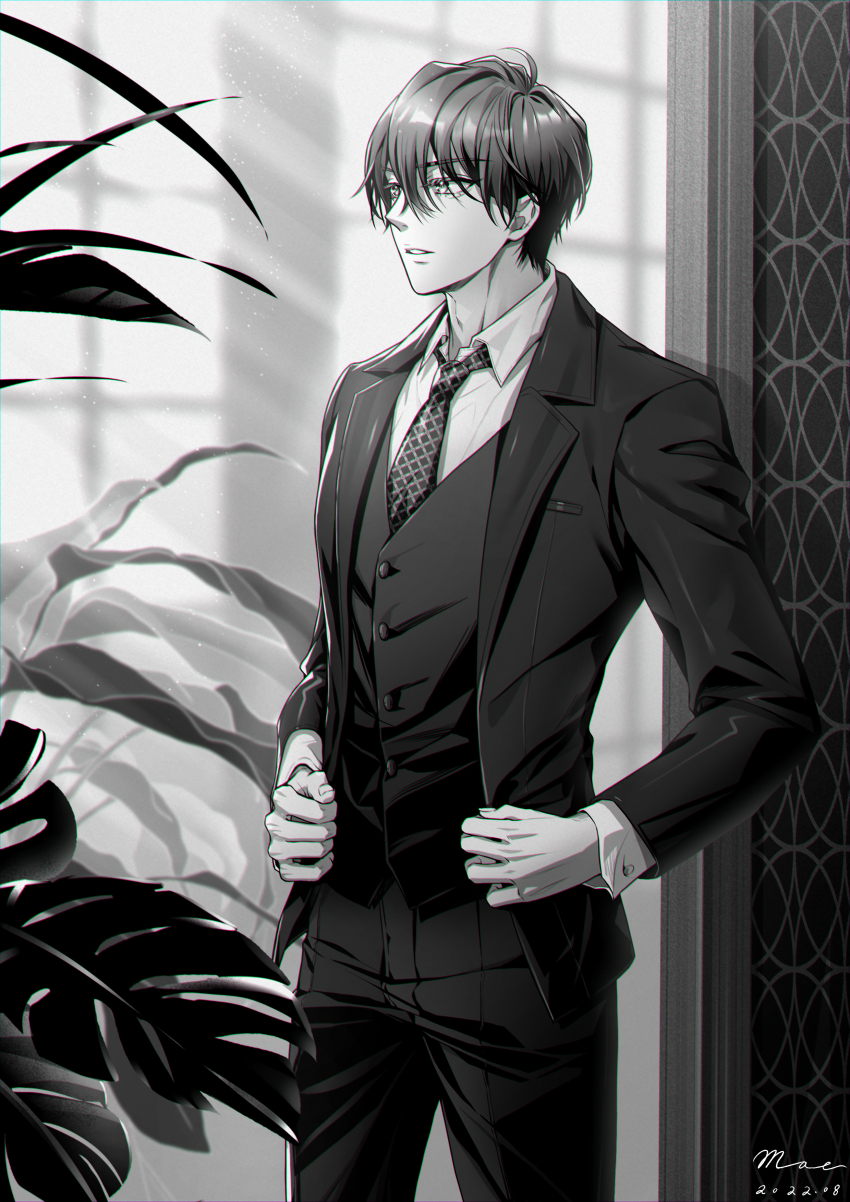 1boy, absurdres, blurry, blurry_background, dated, formal_clothes, greyscale, hair_between_eyes