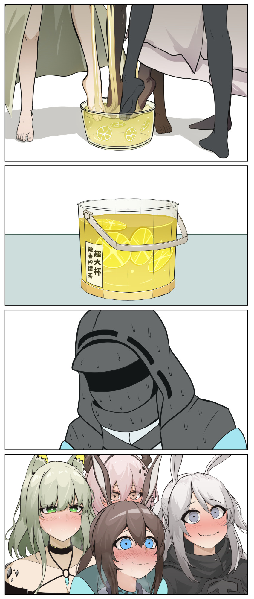 1boy, 4girls, absurdres, amiya_(arknights), animal_ears, arknights, barefoot, blue_eyes