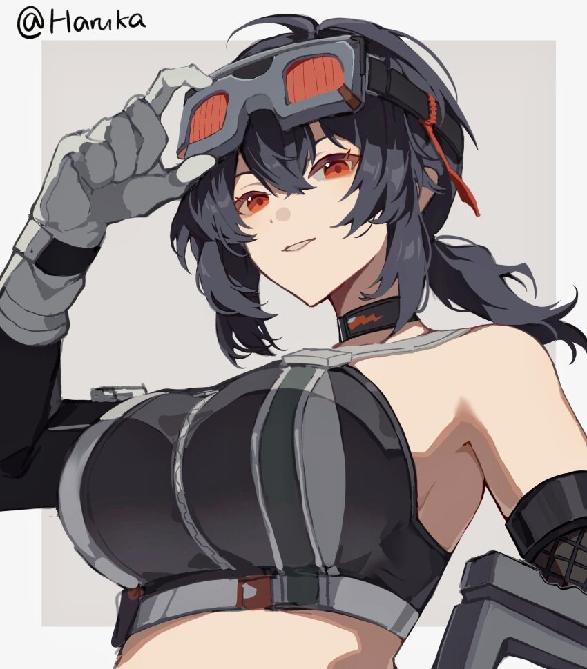 1girl, adjusting_eyewear, belt, black_hair, breasts, chest_harness, crop_top, gloves, goggles, grace_howard, grey_gloves, harness, haruka_(rsyaooooo), highres, large_breasts, looking_at_viewer, orange-tinted_eyewear, orange_eyes, ponytail, simple_background, sleeveless, solo, tinted_eyewear, upper_body, zenless_zone_zero