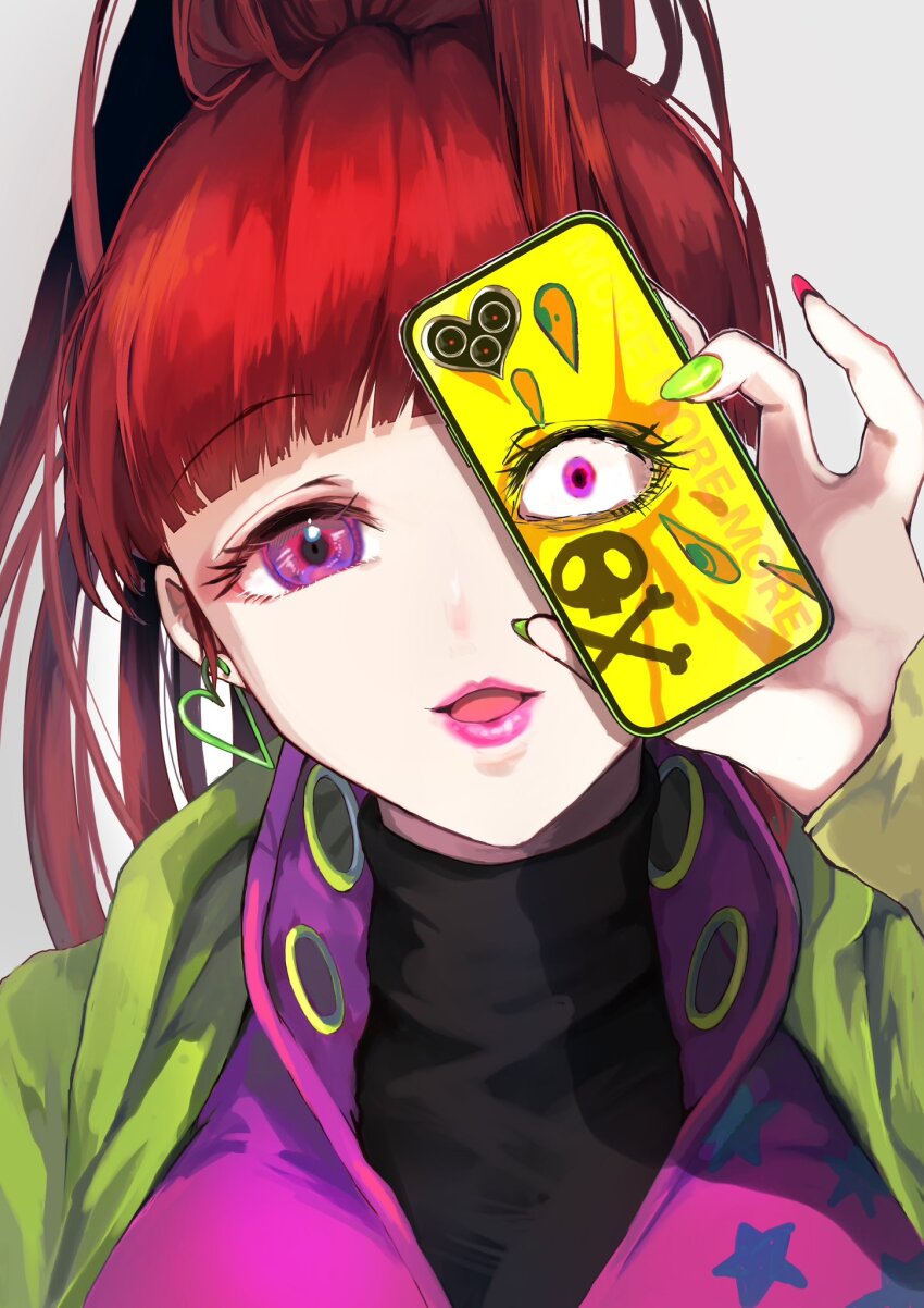 1girl, blunt_bangs, corruption, dark_persona, earrings, gnosia, heart, heart_earrings