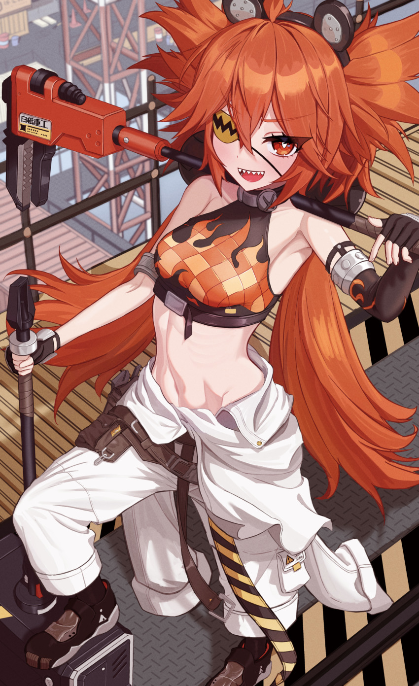 1girl, animal_ears, bear_ears, breasts, cropped_shirt, eyepatch, fake_animal_ears, gloves, hair_between_eyes, hair_ornament, highres, koleda_belobog, long_hair, looking_at_viewer, medium_breasts, midriff, orange_eyes, orange_hair, pants, ru_wan_chi, shirt, sphere_hair_ornament, zenless_zone_zero