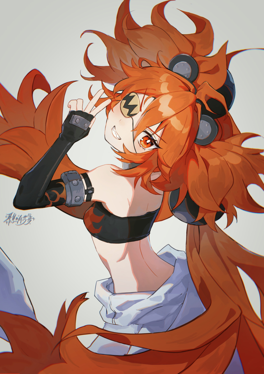 1girl, absurdres, ahoge, animal_ears, back, bare_shoulders, bear_ears, black_gloves, breasts, crop_top, eyepatch, fake_animal_ears, fingerless_gloves, gloves, hair_between_eyes, hair_ornament, highres, holding, jacket, koleda_belobog, kongmingbubu, loli, long_hair, looking_at_viewer, midriff, navel, pants, red_eyes, red_hair, shirt, sleeveless, sphere_hair_ornament, twintails, zenless_zone_zero