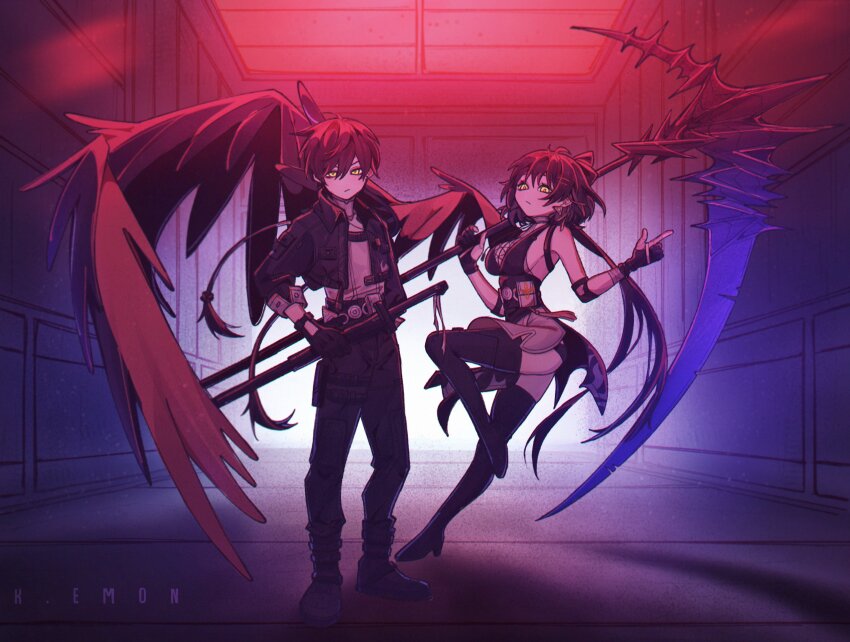 1boy, 1girl, :/, artist_name, bare_shoulders, black_dress, black_footwear, black_hair