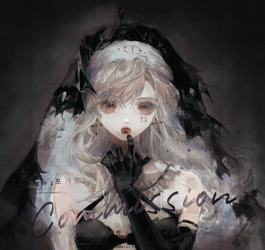 1girl, asymmetrical_bangs, bad_bcy_id, bad_id, bare_shoulders, bat_hair_ornament, black_background, black_bra