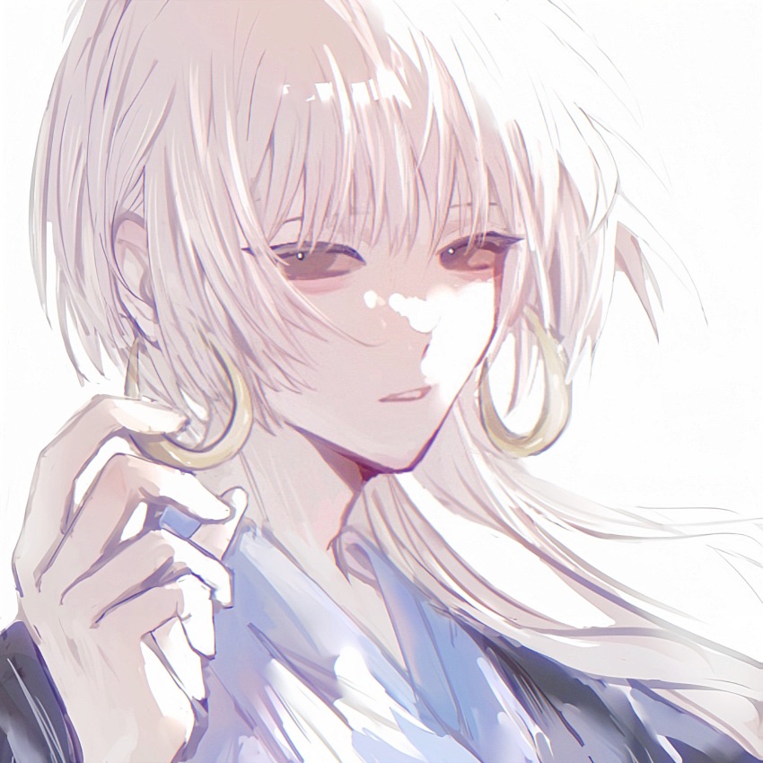 1boy, black_jacket, blue_kimono, brown_hair, call_of_cthulhu, chromatic_aberration, earrings, film_grain