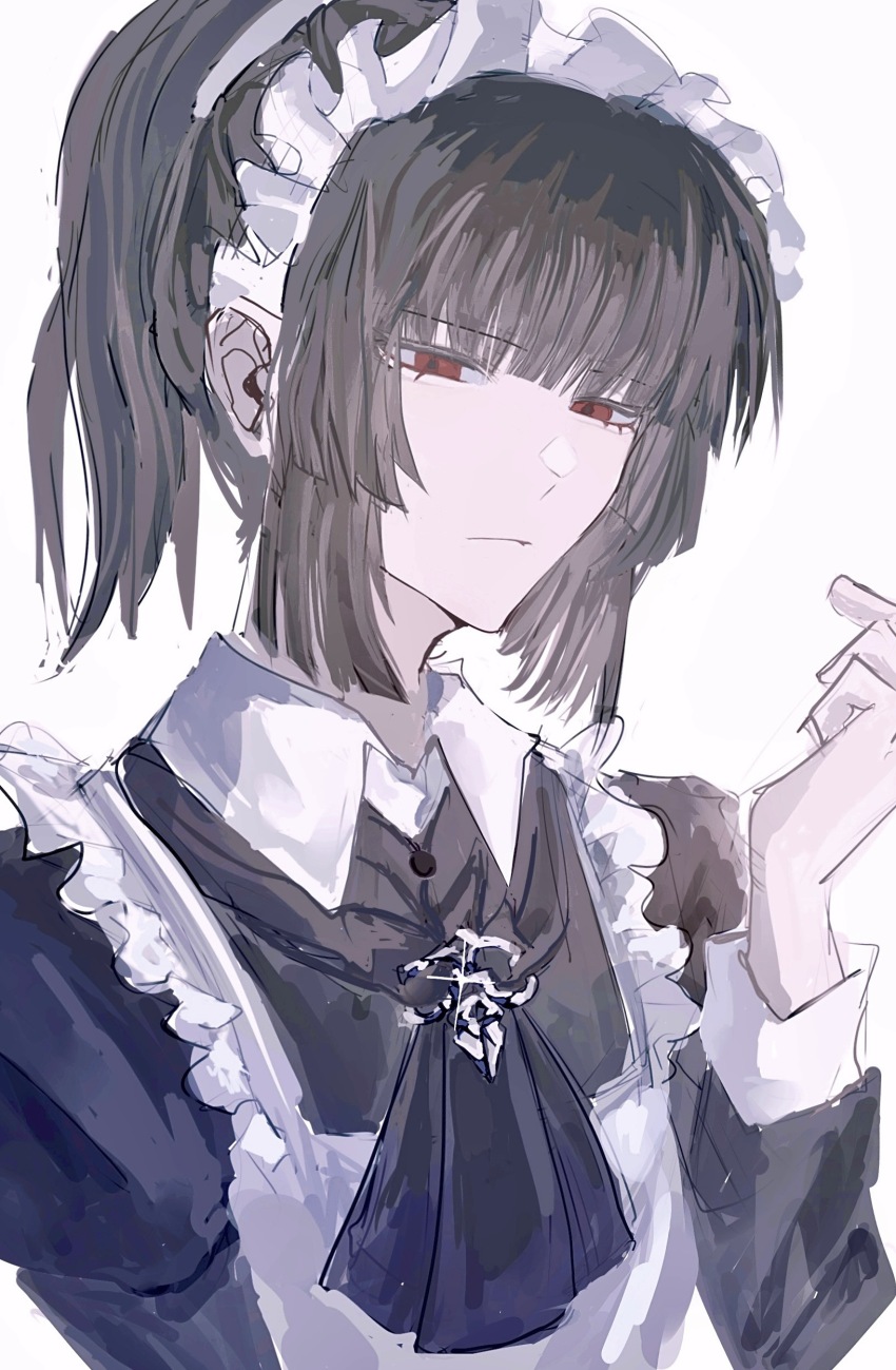 1girl, absurdres, alternate_costume, apron, ascot, black_ascot, black_hair, black_skirt, blunt_bangs, closed_mouth, collared_shirt, enmaided, flat_chest, frilled_apron, frills, hand_up, highres, limbus_company, liningne, maid, maid_apron, maid_headdress, ponytail, project_moon, red_eyes, ryoshu_(project_moon), shirt, simple_background, skirt, solo, white_apron, white_background