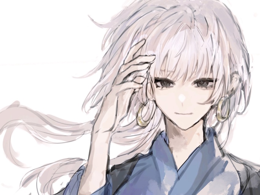 1boy, black_eyes, blue_kimono, call_of_cthulhu, closed_mouth, earrings, floating_hair, highres