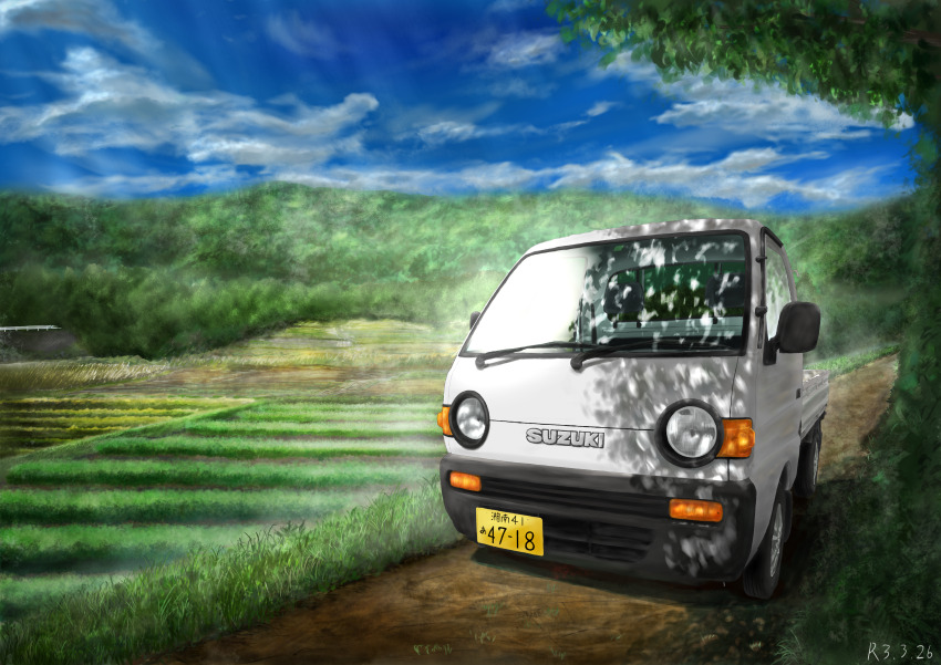 absurdres, cloud, highres, kei_truck, license_plate, ma-ra_shinja_4, motor_vehicle, no_humans, original, pickup_truck, rice_paddy, scenery, shadow, sky, suzuki_(company), suzuki_carry, tree, truck, vehicle_focus