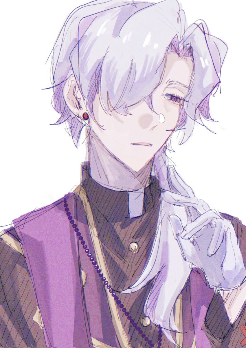 1boy, absurdres, black_shirt, film_grain, gloves, hair_over_one_eye, hand_up, hatching_(texture)