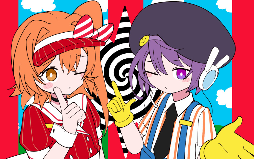 2girls, adachi_rei, black_hat, black_necktie, blush_stickers, bright_pupils, choker, closed_mouth