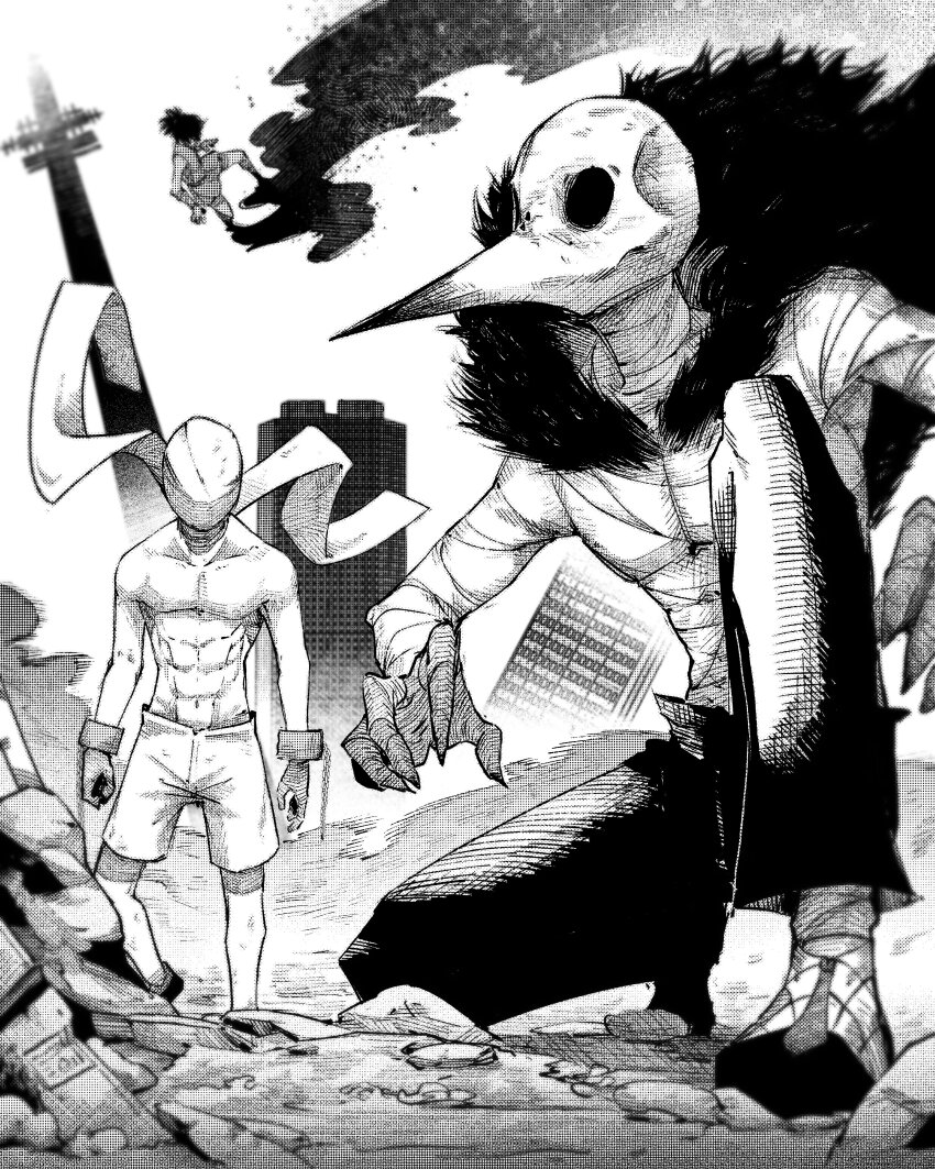 1girl, 2boys, abs, absurdres, bestial_choujin, big_bird_(project_moon), choujin_x, city