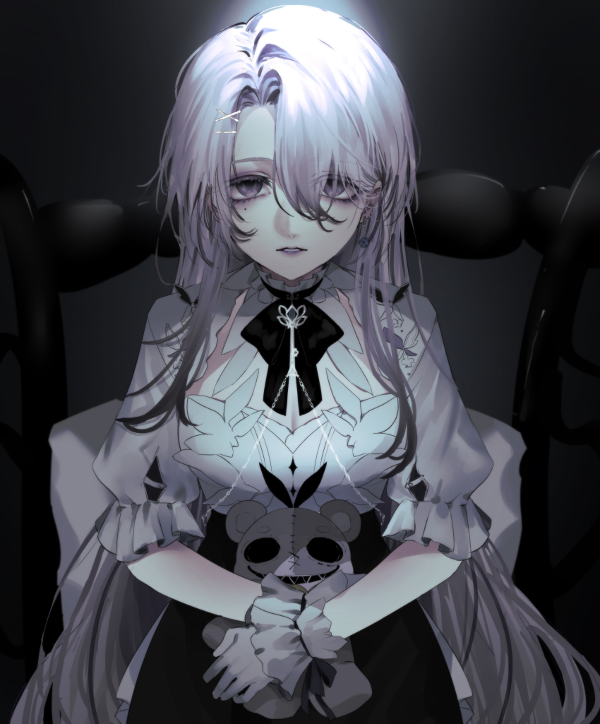 1girl, absurdres, bags_under_eyes, black_neckerchief, black_skirt, breasts, cleavage, collar