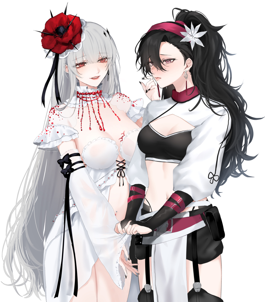 2girls, absurdres, babydoll, belt_pouch, black_hair, black_shorts, black_tube_top, blush