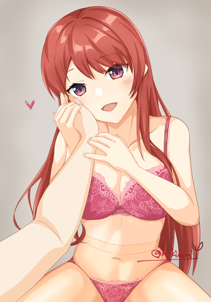 1boy, 1girl, bra, breasts, brown_eyes, brown_hair, commentary_request, commission