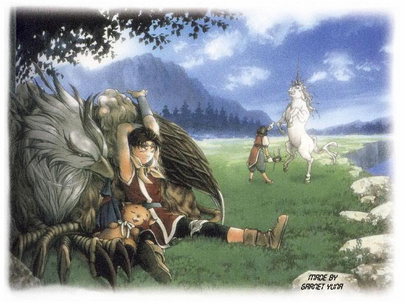 1boy, 1girl, animal, ascot, boots, cape, cloud, feather_(suikoden)