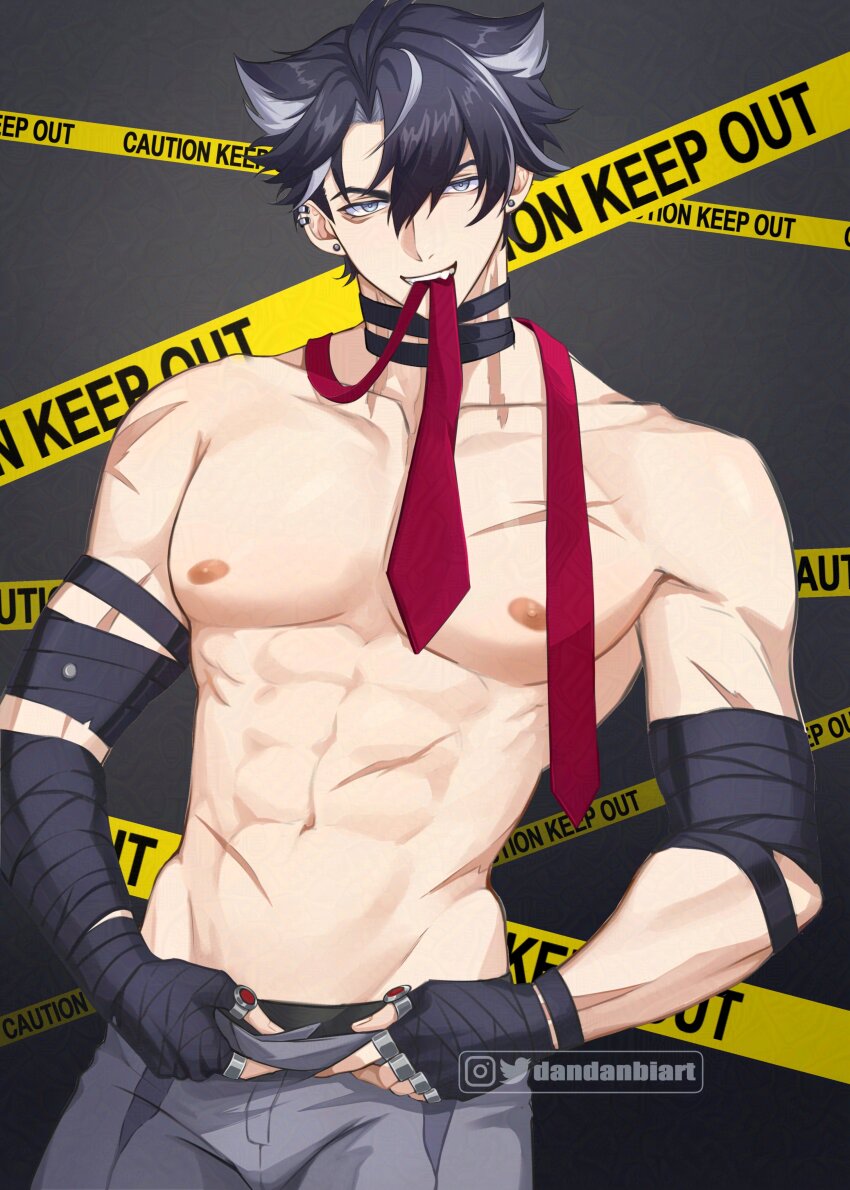 1boy, abs, absurdres, bandaged_hand, bandages, black_bandages, black_hair, caution_tape