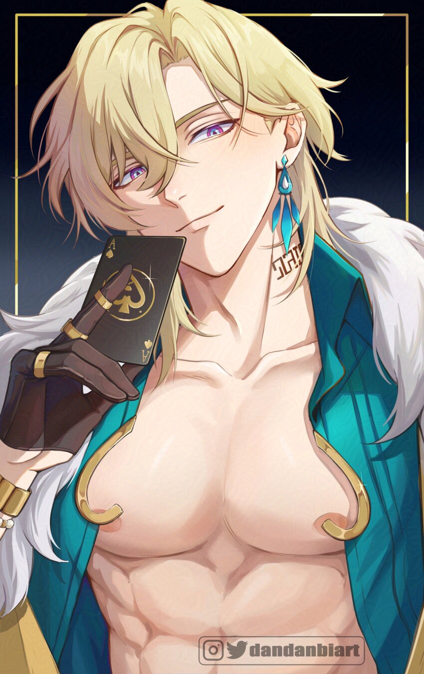 1boy, abs, absurdres, aqua_shirt, aventurine_(honkai:_star_rail), black_gloves, blonde_hair, card, closed_mouth, collared_shirt, dandanbiart, earrings, fur_trim, gloves, hair_between_eyes, highres, holding, holding_card, honkai:_star_rail, honkai_(series), jewelry, looking_at_viewer, male_focus, muscular, muscular_male, nipples, pink_eyes, shirt, short_hair, simple_background, solo
