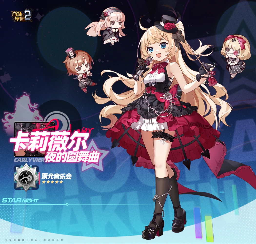 1girl, black_dress, black_footwear, black_gloves, black_socks, blonde_hair, blue_eyes, breasts, brown_hair, carlyvier_(honkai_gakuen), character_name, copyright_name, dress, eyepatch, floating, full_body, gloves, hairband, hat, holding, holding_microphone, honkai_(series), honkai_gakuen, logo, long_hair, microphone, mini_hat, official_art, open_mouth, second-party_source, sleeveless, sleeveless_dress, socks, thigh_strap