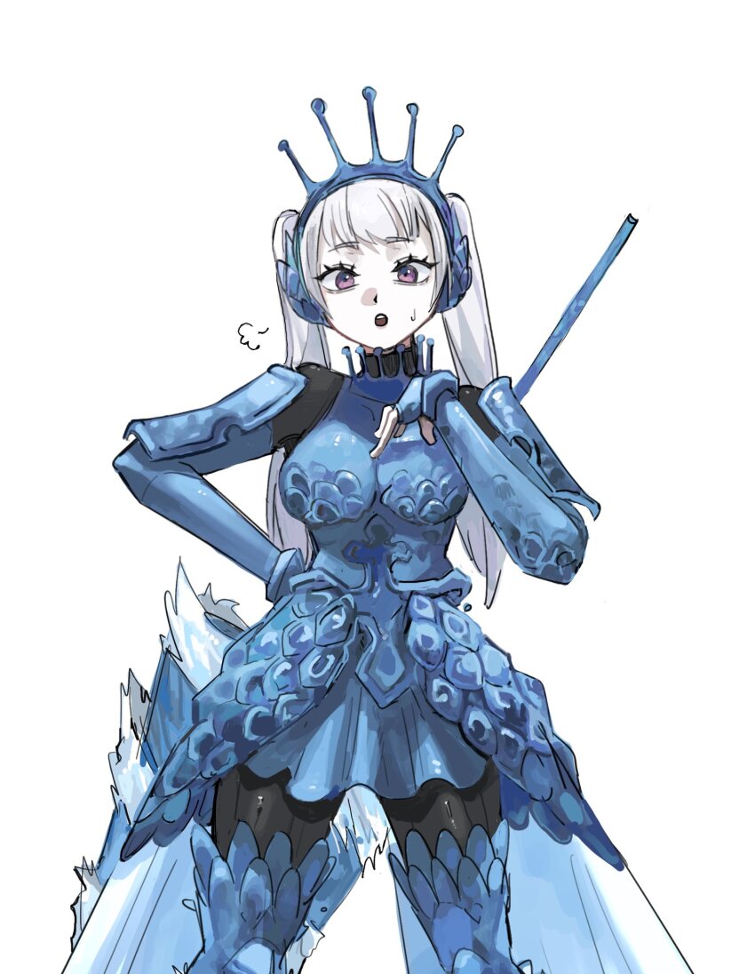 1girl, armor, black_clover, breastplate, breasts, grey_hair, highres, immortalmonkey, long_hair, looking_at_viewer, noelle_silva, official_alternate_costume, open_mouth, pauldrons, purple_eyes, shoulder_armor, simple_background, solo, twintails, weapon, weapon_on_back, white_background