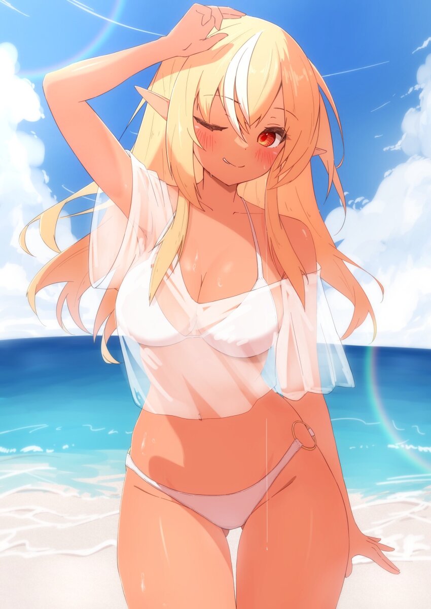 1girl, ;), arm_up, bare_shoulders, beach, bikini, bikini_under_clothes, blonde_hair
