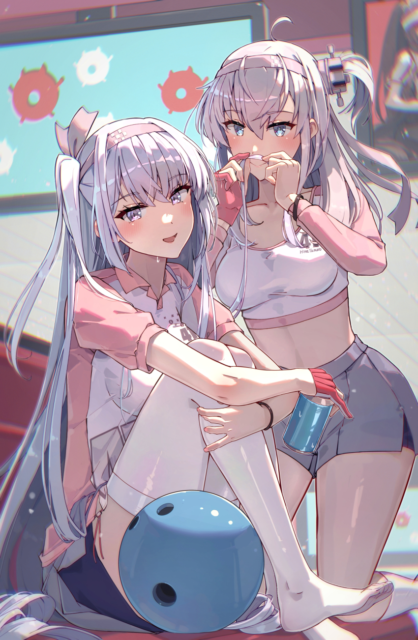 3girls, alternate_costume, bike_shorts, bike_shorts_under_skirt, black_shorts, blue_eyes, blush, breasts