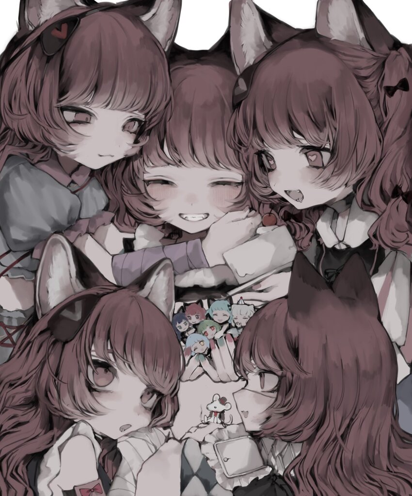 5girls, animal_ears, bandaged_arm, bandages, black_bow, black_ribbon, black_shirt, blush