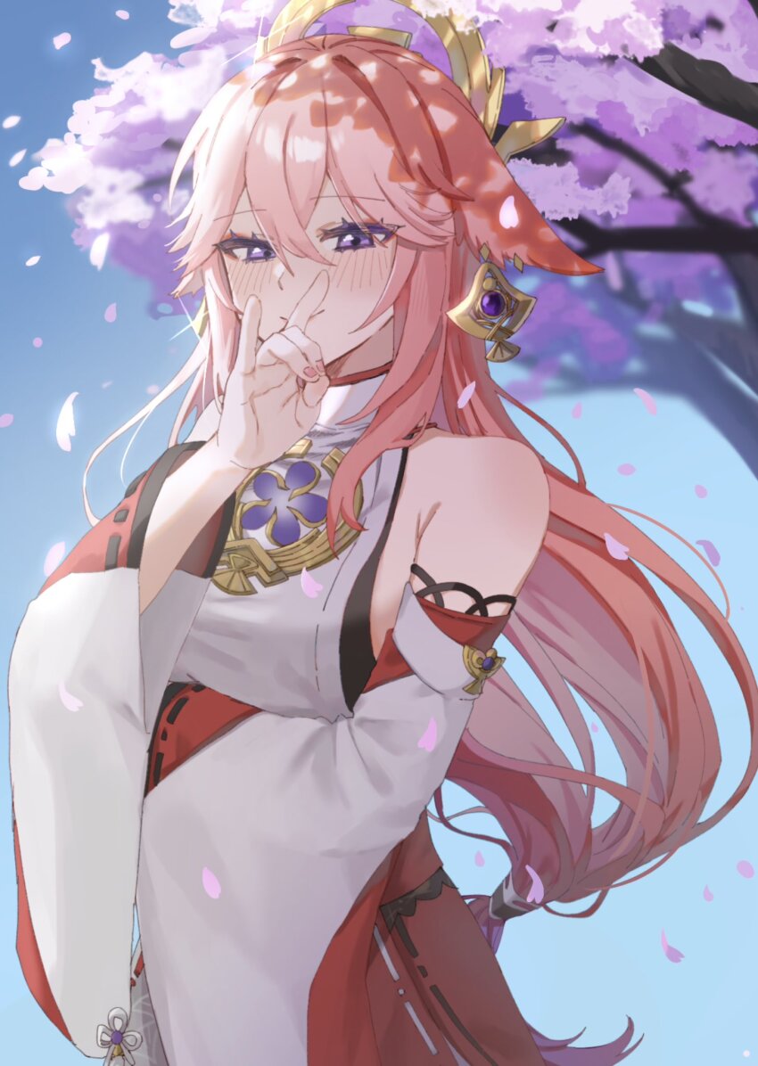 1girl, animal_ears, bare_shoulders, blush, breasts, cherry_blossoms, day, detached_sleeves