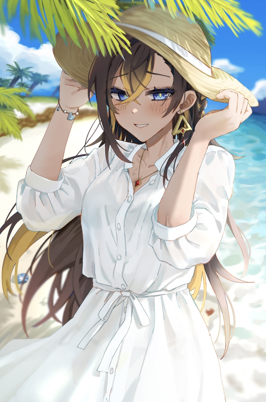1girl, absurdres, alternate_costume, beach, bikini, bikini_under_clothes, black_hair, blonde_hair