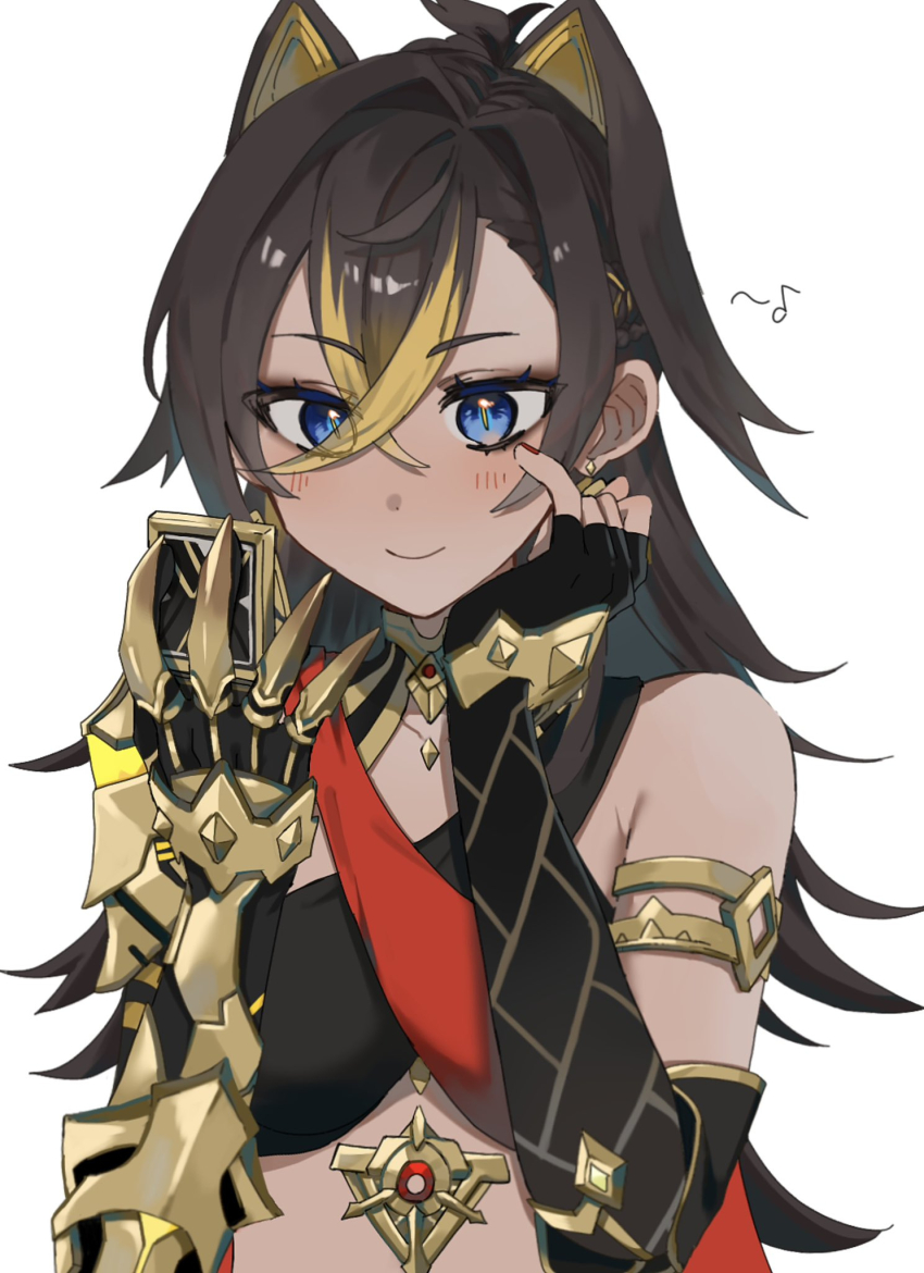 1girl, armlet, armor, black_gloves, black_hair, blonde_hair, blue_eyes, blush