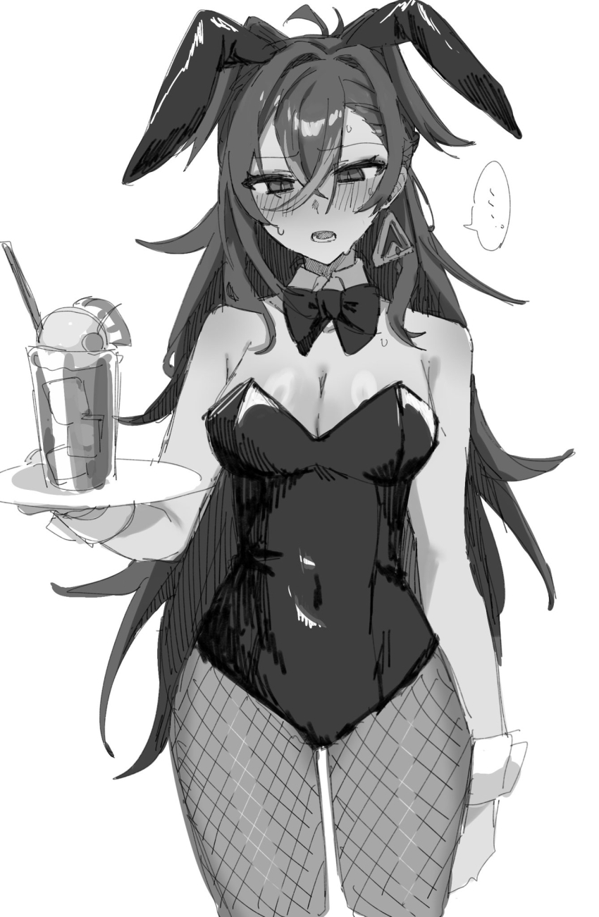 1girl, alternate_costume, animal_ears, blush, bow, bowtie, breasts, cleavage, crossed_bangs, cup, dehya_(genshin_impact), detached_collar, drinking_straw, earrings, fake_animal_ears, fishnet_pantyhose, fishnets, genshin_impact, greyscale, hair_between_eyes, highres, jewelry, leotard, long_hair, medium_breasts, monochrome, nijikun, open_mouth, pantyhose, playboy_bunny, rabbit_ears, simple_background, solo, strapless, strapless_leotard, sweat, tray, wrist_cuffs