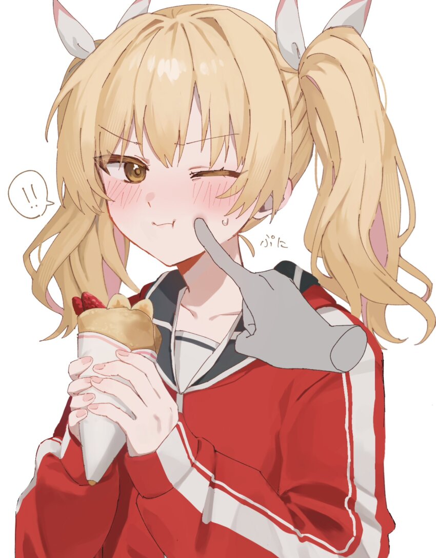 !, !!, ..., 1girl, blonde_hair, blue_archive, brown_eyes, cheek_poking